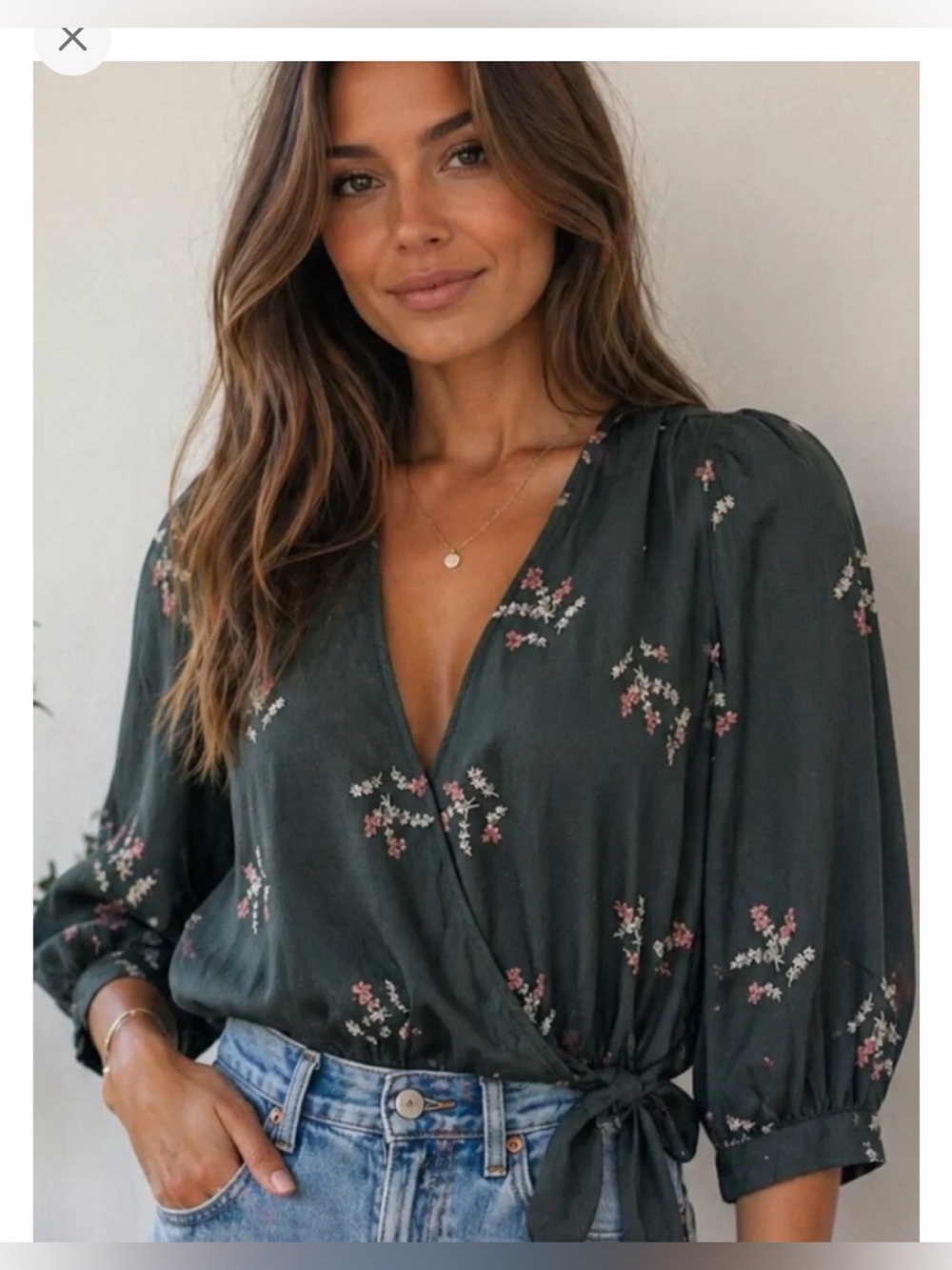 Madewell Top Womens M Green Floral Silk Wrap Blouse Long Sleeve V Neck Peplum